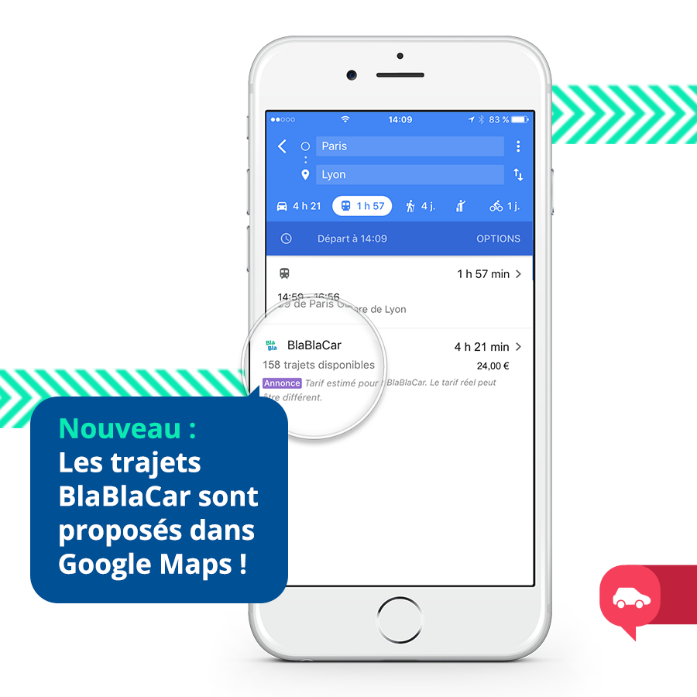 Depuis 2017, l’intégration des trajets en covoiturage de BlaBlaCar s’affichent directement dans les modes de transport proposés par Google Maps, dans tous les pays où la société française est présente.