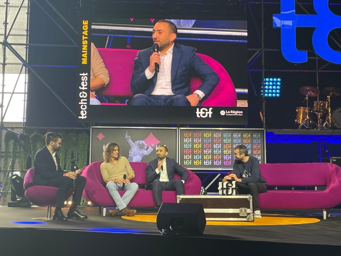 Mounir Belhamiti (e.SNCF Solutions) sur Tech&Fest 2026, avec Michel Lutz (TotalEnergies), Timothée Lacroix (Mistral AI) et Julien Cadot (Humanoid)
