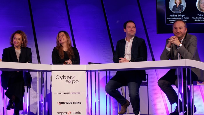 Hélène Bringer, Directrice générale de de Thales Numérique et présidente de S3NS, Zeina Zakhour, Vice-Présidente, global CTO Eviden & cybersecurity, Atos Group, Frédéric Zink, manging director, Orange Cyberdefense France et Fabien Lecoq, CEO Business Line CyberSecurity Groupe, Sopra Steria